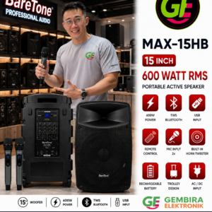 Speaker Portable Meeting BARETONE MAX15HB MAX 15HB MAX 15 HB Bluetooth RMS 600W + 2 Mic Wireless Karaoke Original