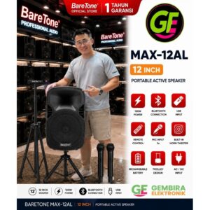BareTone MAX12AL Speaker Aktif Portable 12 Inch Bluetooth + 2 Mic Wireless Bonus Stand Original