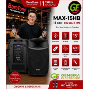 Speaker Portable Meeting BARETONE MAX15HB MAX 15HB MAX 15 HB Bluetooth RMS 600W + 2 Mic Wireless Karaoke Original