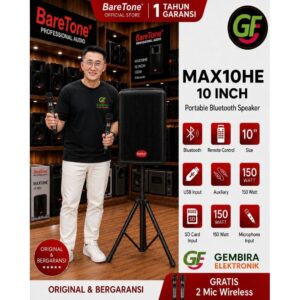 BareTone MAX10HE Bluetooth TWS Speaker Portable 10 Inch 150 Watt + Stand Tripod + Gratis 2 Mic Wireless Garansi Resmi 1 Tahun Original