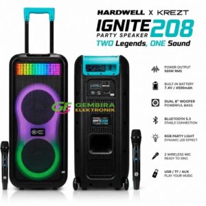 Speaker Aktif HARDWELL x KREZT IGNITE 208 400 Watt Portable Party Speaker Dual 8 Inch dengan Wireless Microphone