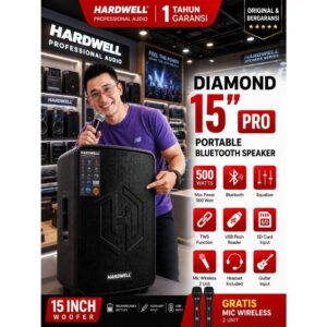 Hardwell Diamond 15 Pro Speaker Portable Bluetooth 15 Inch 500 Watt + 2 Mic Wireless + Headset Original