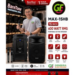 BareTone MAX-15HB Speaker Aktif Portable 15 Inch 600 Watt RMS TWS Bluetooth Wireless Mic 2 Unit Original