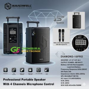 Speaker Aktif Portable Hardwell DIAMOND-15PRO 15 Inch Aktif Bluetooth Trolley 500W MAX 2 Mic Wireless UHF Rechargeable Original