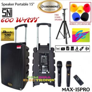 Dusenberg MAX15 Speaker Portable 15 Inch 600W RMS 2 Wireless Mic + Bonus Tripod Bluetooth USB TWS Original Garansi 24 Bulan