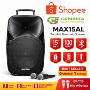Speaker Karaoke Portable BareTone MAX15AL 15 Inch Bluetooth USB Rechargeable + 2 Mic Wireless Original