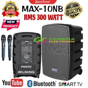 Speaker Aktif Baretone MAX10NB 10 Inch 300 Watt Bluetooth Karaoke Portable Mic Wireless Original