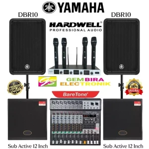 Jual Paket Sound System Aktif Yamaha DBR10 10" + Subwoofer 12" + Mixer BareTone Blaze 8 + Mic Wireless Hardwell Dragon 4U Original