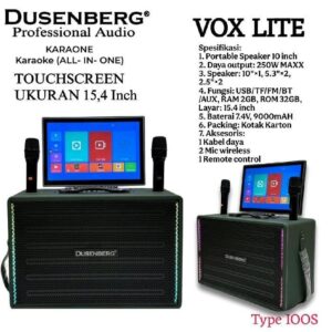 Dusenberg Speaker Karaoke Portable 10 Inch + Touchscreen 15,4 Inch VOX LITE Plus 2 Mic Wireless