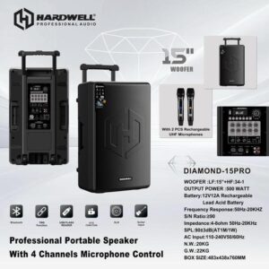 Speaker Portable Hardwell 15 Inch DIAMOND 15 PRO Original Include 2 Microphone Wireless