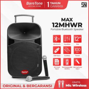 BareTone Speaker Portable MAX12MHWR - 12 Inch Bluetooth - 12 Inch